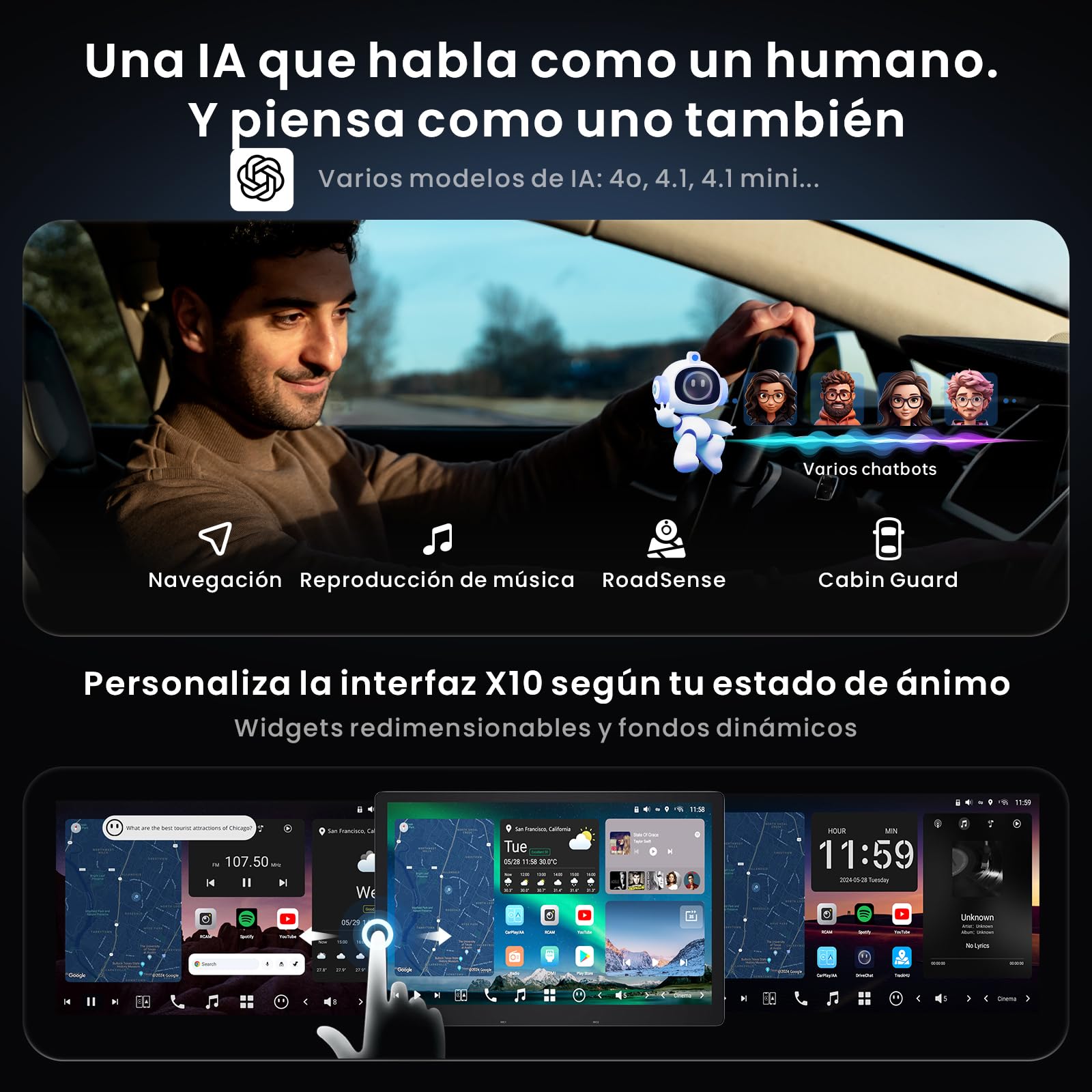 [12.95" QLED] Radio Android 1 DIN y 2 DIN, Agente de IA & Visión IA, Pantalla Flotante Coche, Alerta Golden Hour, 8G+128G, 4G LTE, CP y AA Inalámbricos, Salida óptica S/PDIF & Entrada HDMI, X10G129E