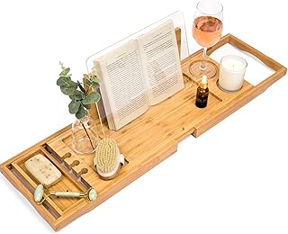 Bathtub Caddy Tray | Holds Book Open with Removable Water Shield | Bath Tub Tray Table | Extendable Bathtub Trays for Tub | Bath Tray for Bathtub with Wine Holder | Tub Tray for Bathtub