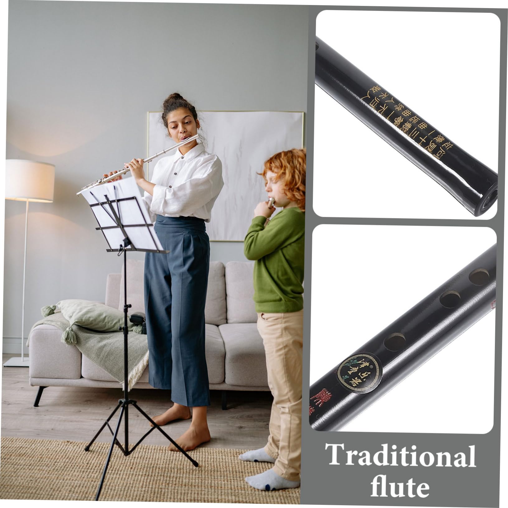 VICASKY Flûte Traditionnelle en Bambou Noire pour Débutants, Portable et Confortable, Ornée de Caractères Chinois Gravés Délicats Pompons, pour L'apprentissage Musical