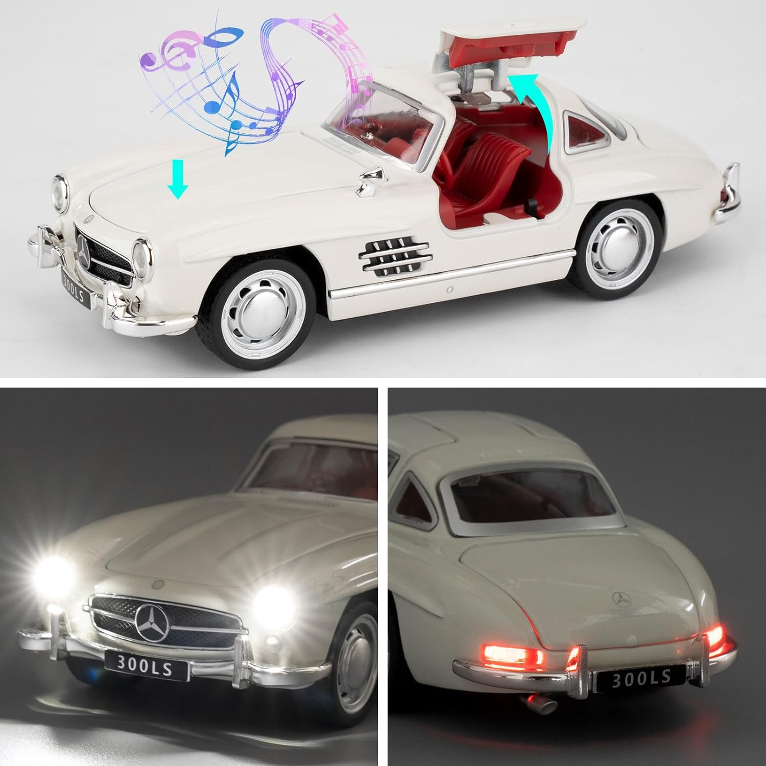 1955 300sl Vintage Car Toy, 1/32 Toy Car with Sound and Light Function, Children's Toy Model with Pullback Function, Collector's Quality Model Car, Gift for Children (White)