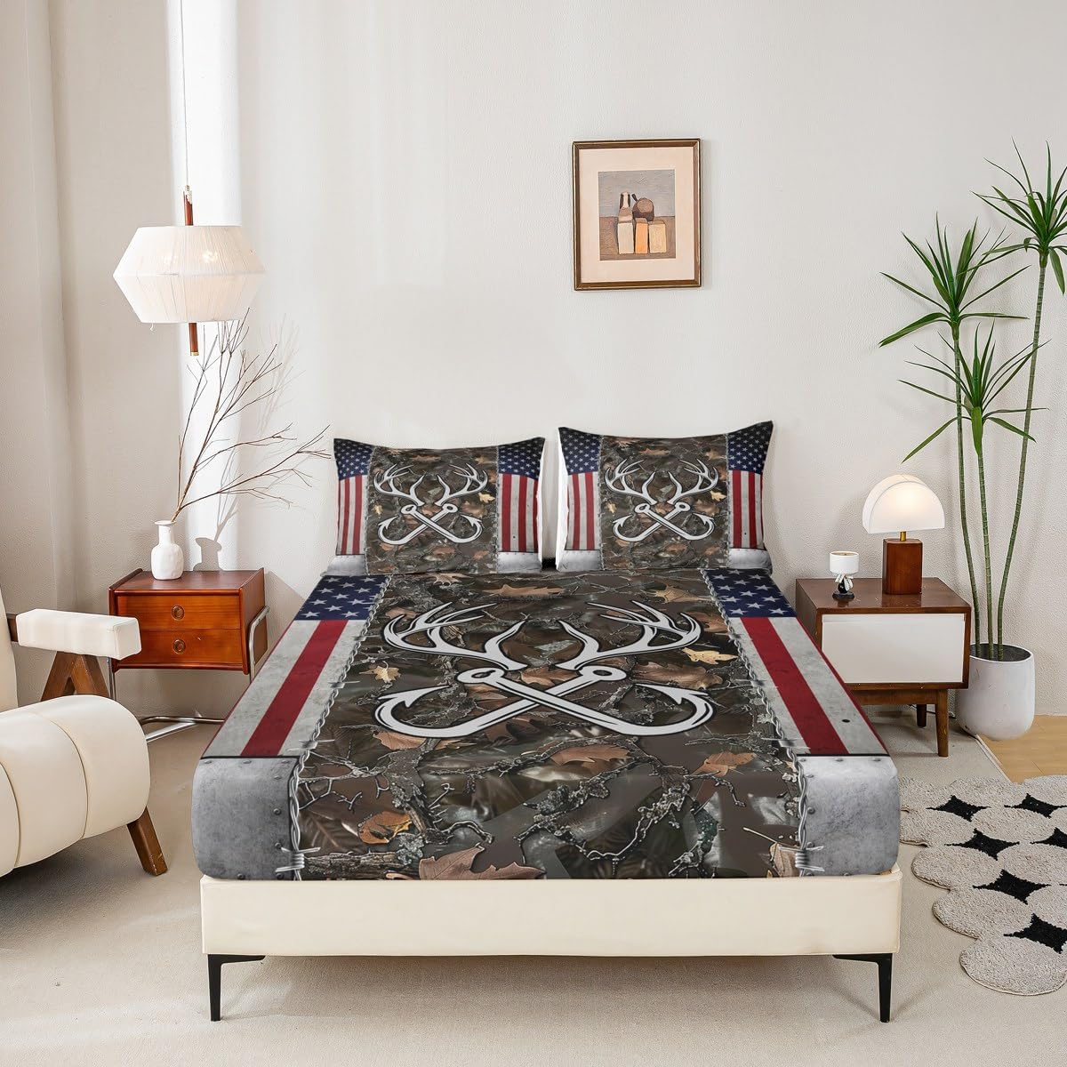 Homewish Deer Antler Fishing Fitted Sheet Queen Size,Boys Vintage American Flag Bedding Set for Kids Teens Men Room Decor Brown Jungle Branches Camo Bed Sheet Adventure Hunting Deep Pocket Sheet 3Pcs