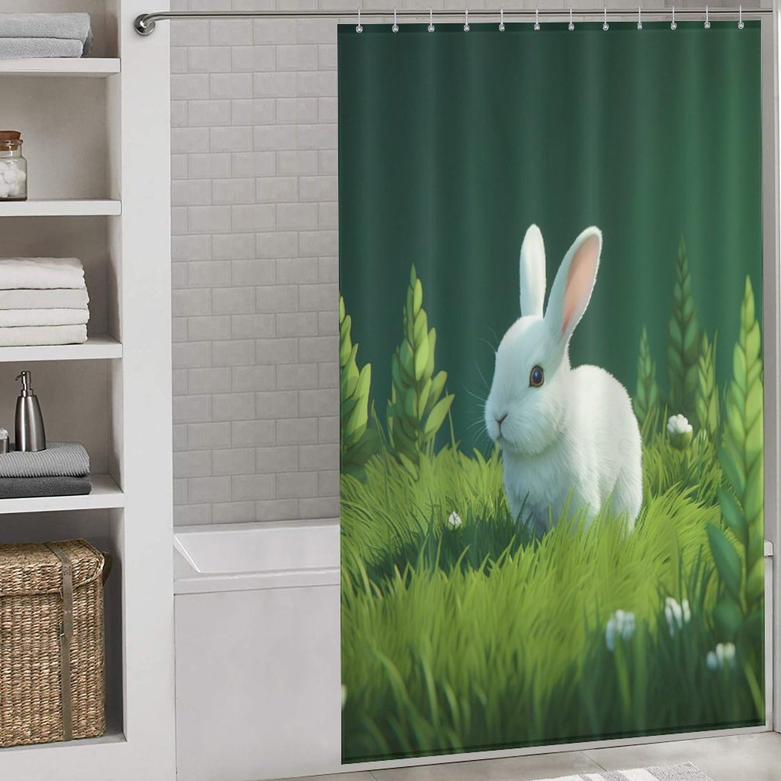 Rideau de douche lapin en tissu polyester étanche 140x183cm pour salle de bain