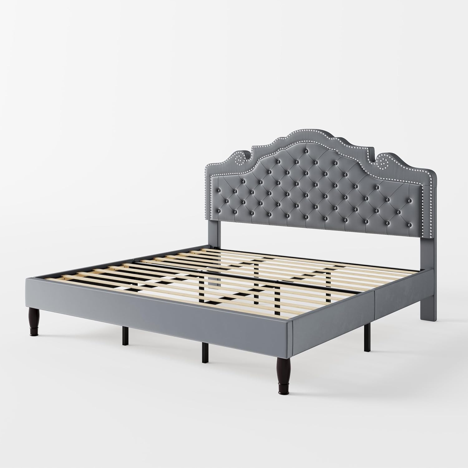 Allewie King Size Bed Frame with Adjustable Velvet Tiara Headboard, Upholstered Diamond Button Tufted Platform Bed, Wood Slats Support, No Box Spring Needed, Light Grey - Image 9