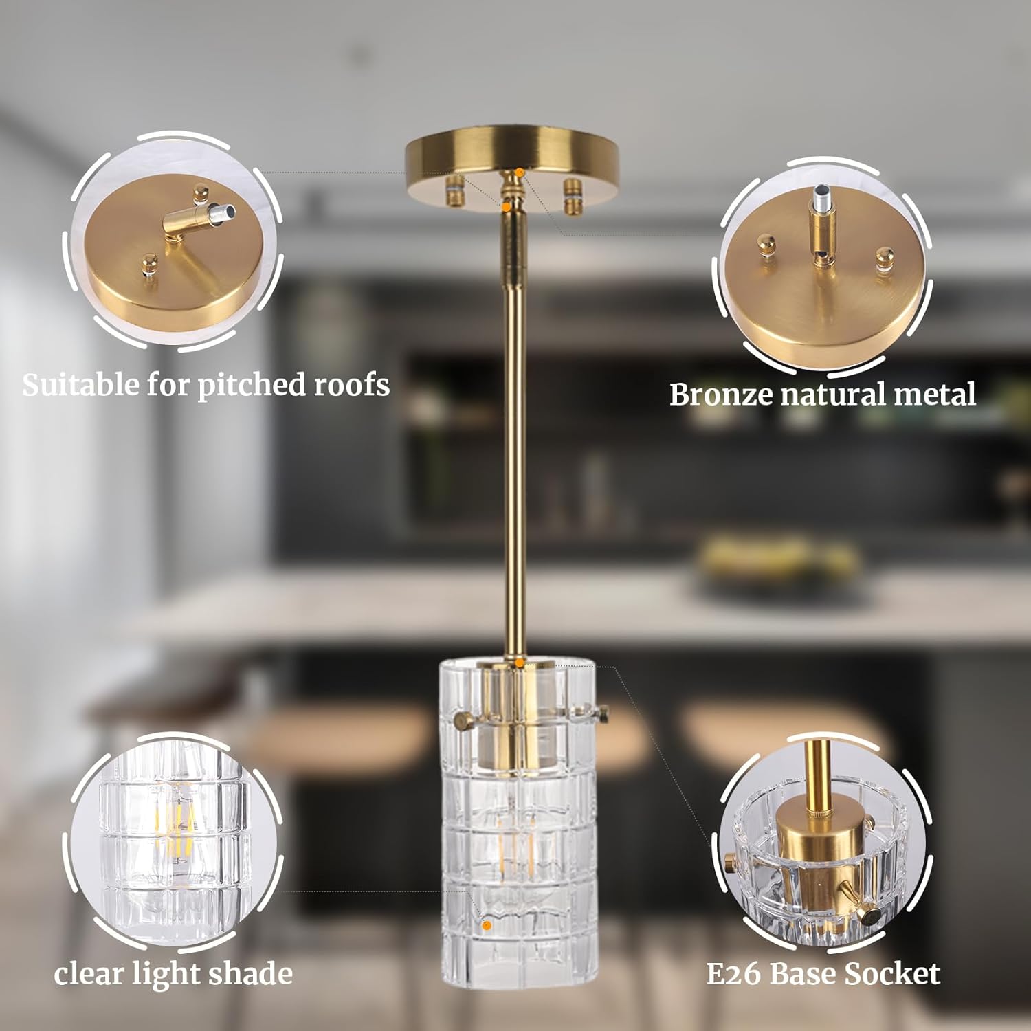 Clear Glass Pendant Light, Modern Cylinder Pendant Lighting with Rigid Rod & Tilt-Swivel Canopy, Adjustable Height up to 47", E26 1-Light for Kitchen Island, Sink, Bar, Dining Room