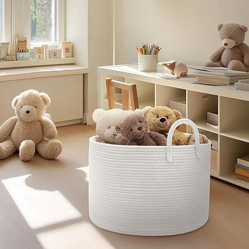 Miniatura 4 de Cesta de almacenamiento extra grande de 20 x 20 x 15 pulgadas, canasta de almacenamiento de manta blanca para sala de estar, canasta organizadora de