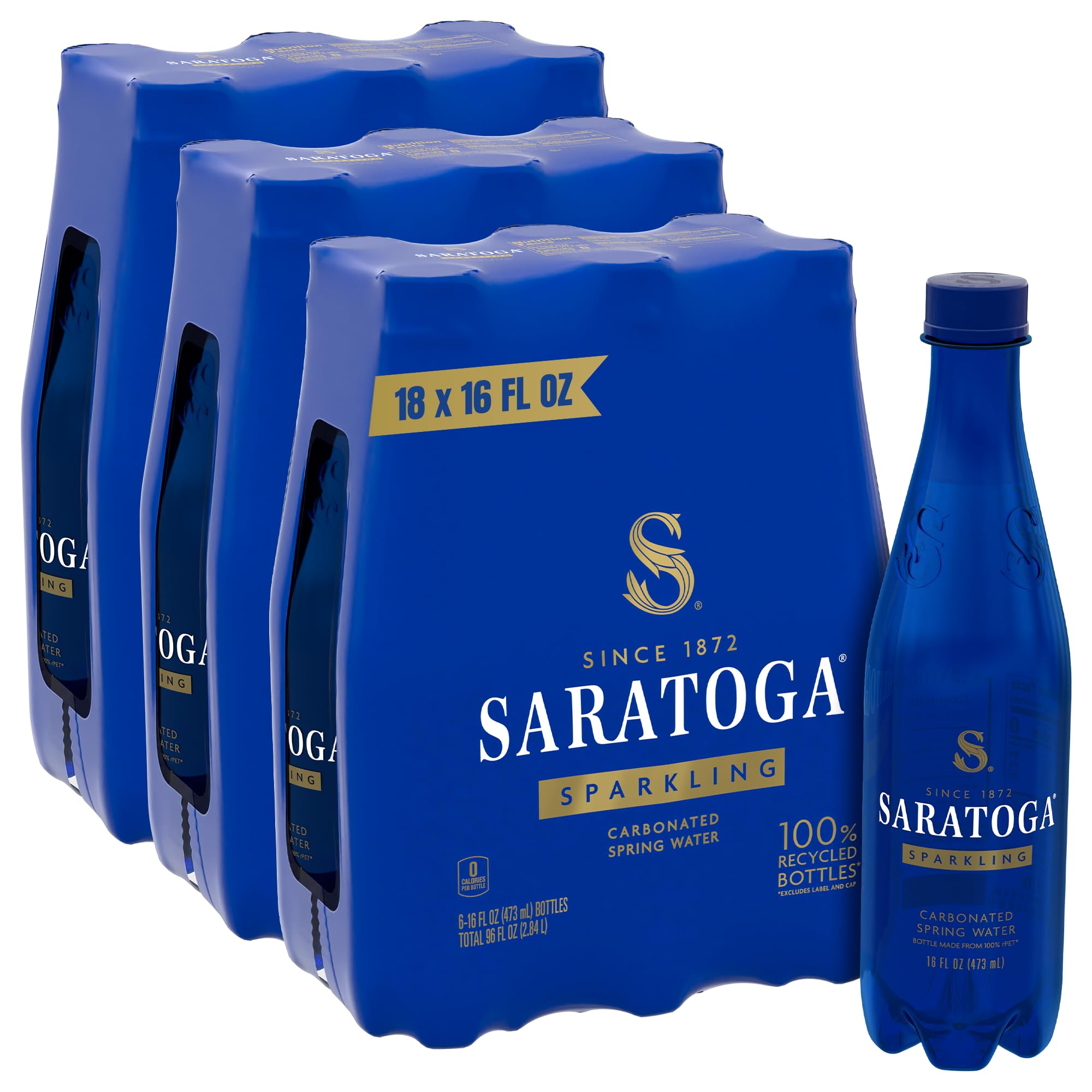 Saratoga Sparkling Water Bottles, 18-Pack – Carbonated Spring Bottled Water – Recycled PET Plastic Bottles – 16 Fl Oz
