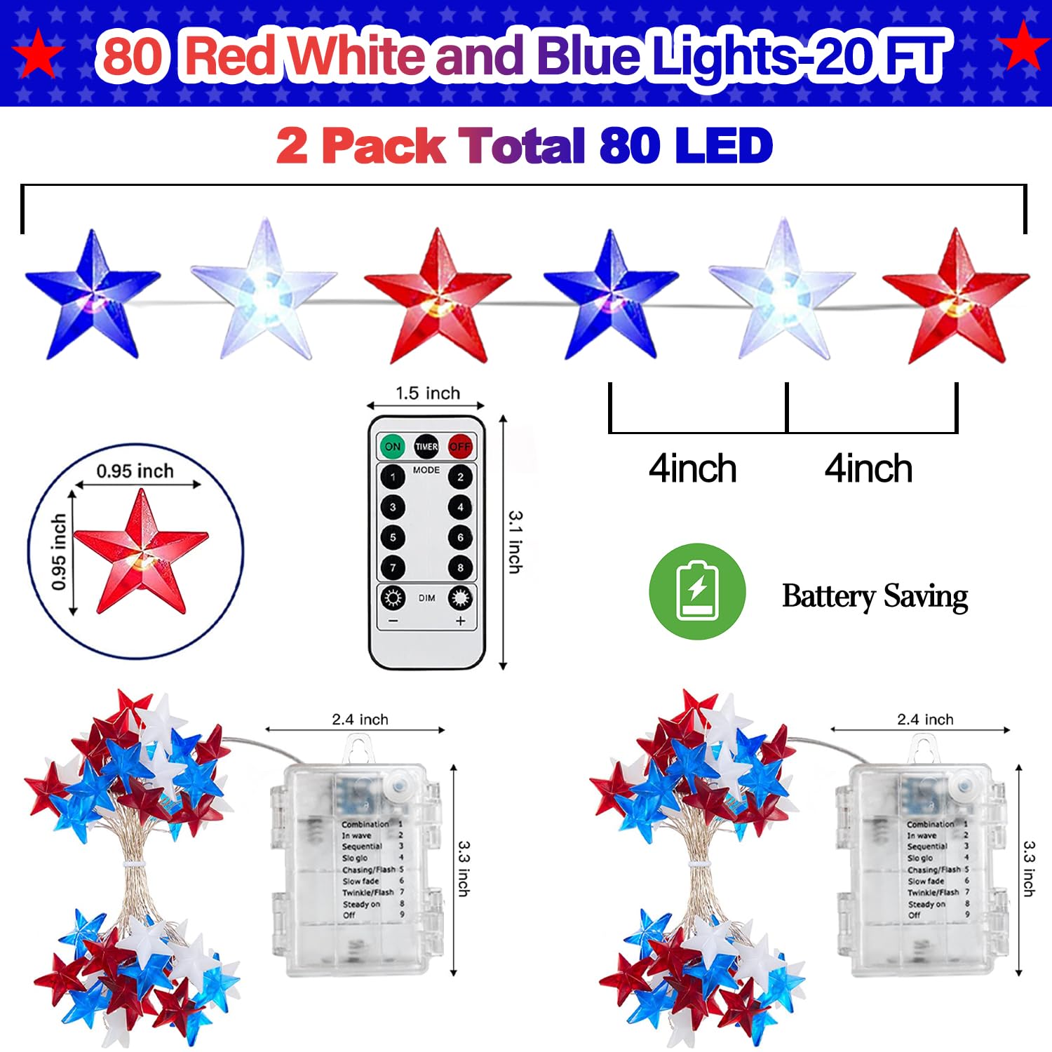Ciyvotom 4th of July Decorations Patriotic String Lights, 2-Pack 20Ft 80 LED Red White and Blue Battery Operated Lights with Timer & Remote, Waterproof for Memorial Day, Independence Day Party Decor