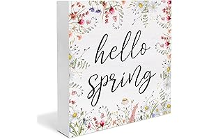Charming Spring Desk Decor: Rustic Farmhouse Wood Plaque with 'Hello Spring' Message