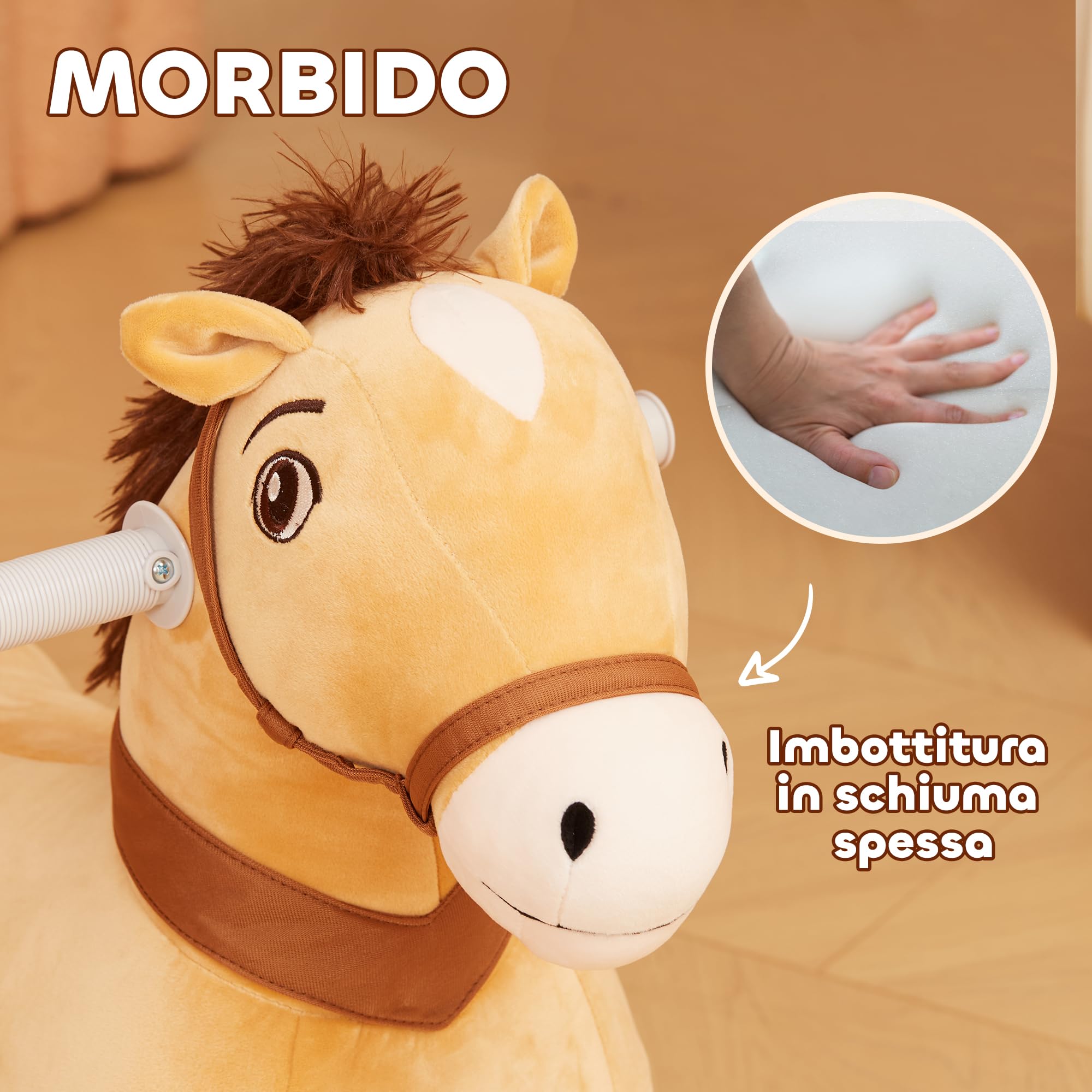 AIYAPLAY Cavallo a Dondolo Elettrico 6V per Bambini da 18-36 Mesi con Musica e Ruote, Cavalluccio a Dondolo Cavalcabile in Poliestere, 69x34x53cm, Marrone