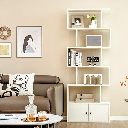 Miniatura 2 de STAKOL Estantería de 6 niveles con gabinete, armario independiente en forma de S con puertas, dispositivo antivuelco, estantería geométrica de