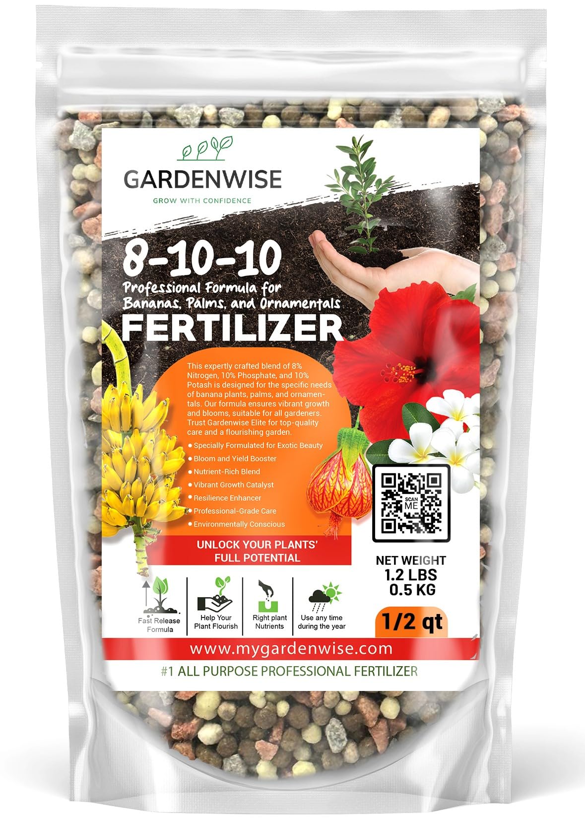 Elite 8-10-10 Professional Fertilizer for Banana, Flowering, and Fruit Trees, Ornamentals - Boosts Flowering & Fruiting - for Indoor & Outdoor Plants (1/2 Quart)