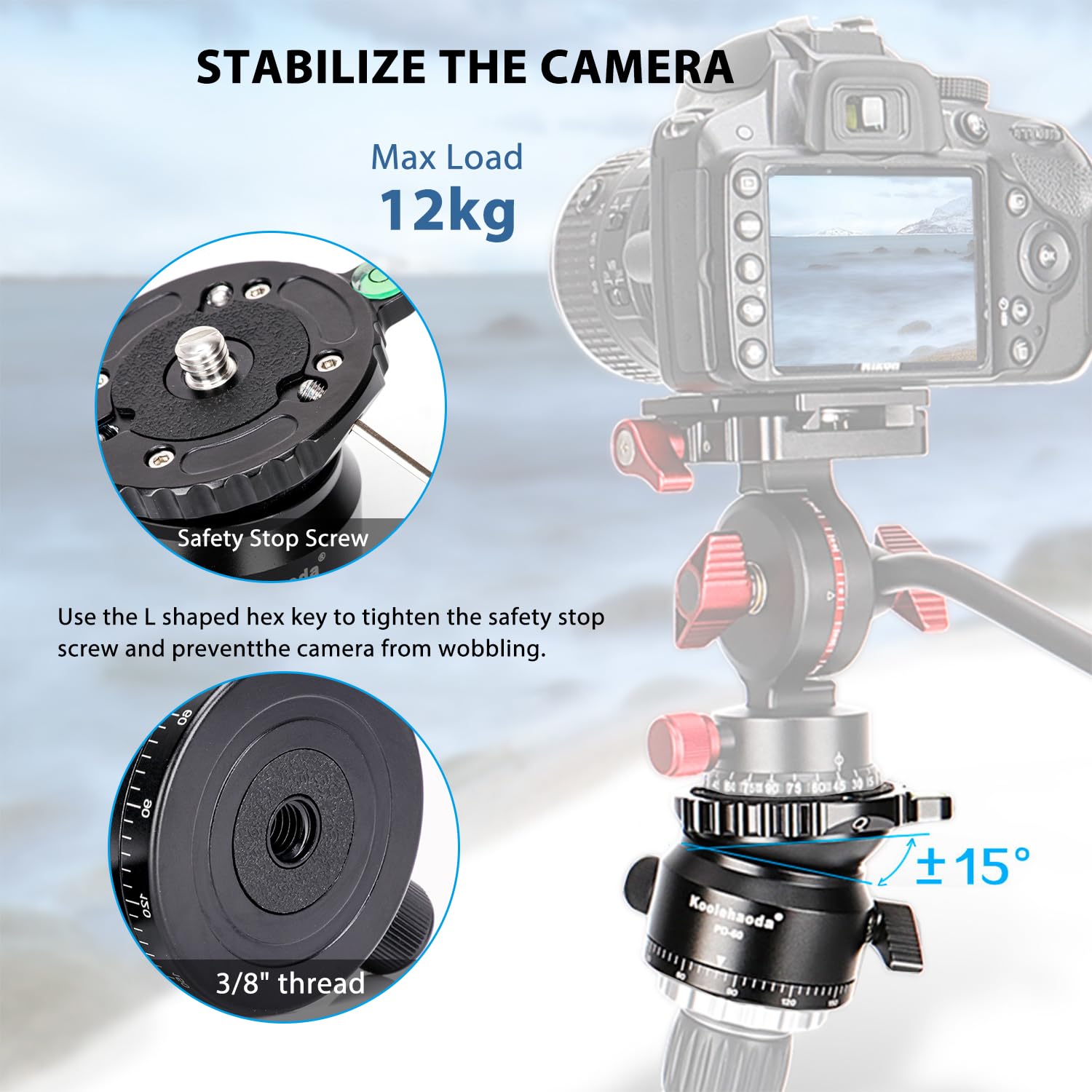 Koolehaoda Livellatore per fotocamera con base di livellamento per treppiedi, inclinazione di 15°, con filettatura da 3/8", livello a bolle offset e base panoramica a 360° per testa video, treppiedi
