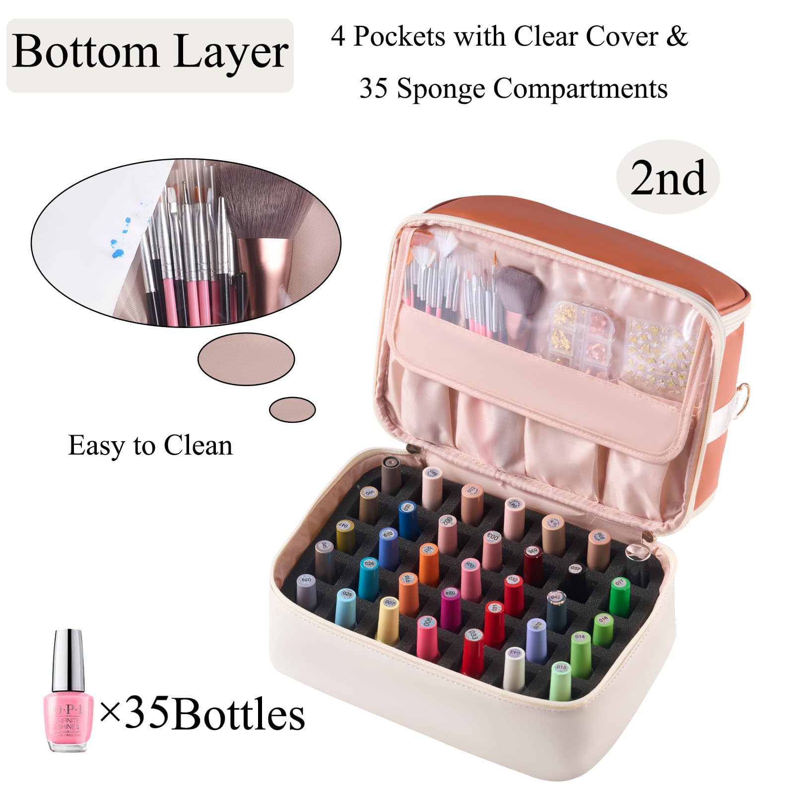 Nail Polish Organizer Holds 30 Bottles (15ml) and 1 Nail Light Nail Polish Carrying Case with Storage Pockets for Manicure Tools Double Layer Nail Storage Travel Bag with Handle (): Brown+Beige (35Bottles）