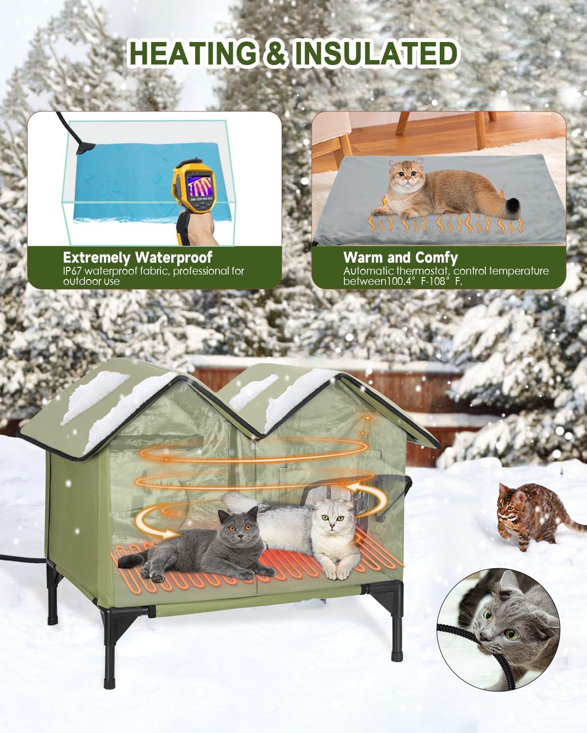 Heated Cat House for Outside Cats in Winter, Extra Large Heated Outdoor Cat House Weatherproof Insulated with Elevated Base & Escape Door, Waterproof Cat Shelter for Multiple Cats Feral Stray Kitty