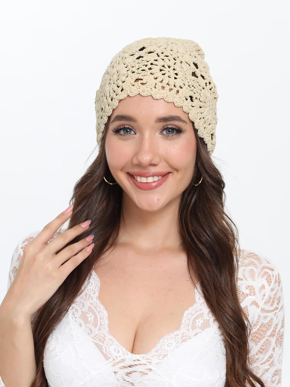 Women’s Cotton Crochet Hat Boho Slouchy Beanie Handmade Knit Floral Skull Caps for Summer - Image 3