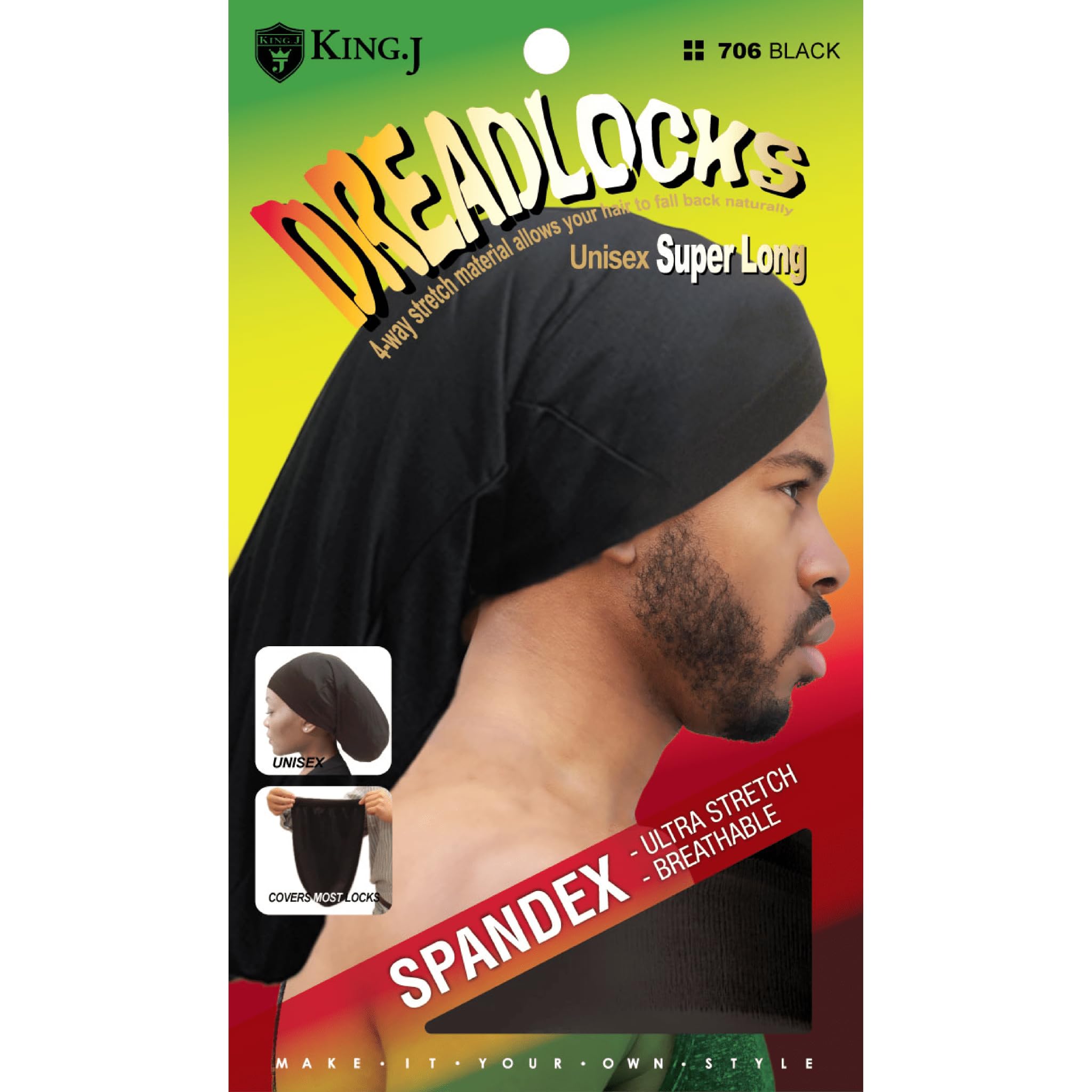 King.J Super Long Unisex Spandex Cap for Dreadlocks (Black)