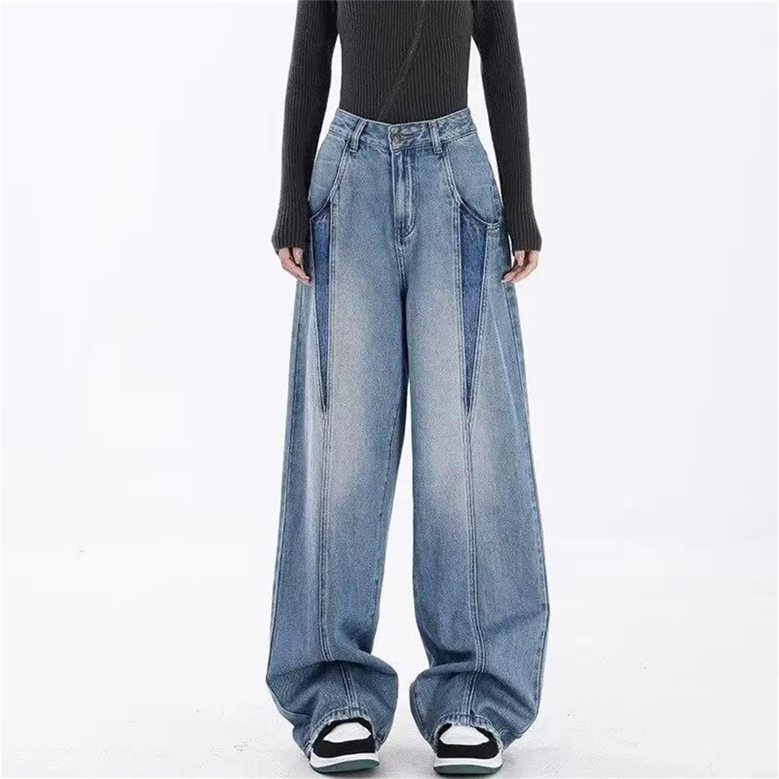 Pantalones vaqueros de pierna ancha para mujer, diseño de retazos, ajuste holgado, rectos, casuales, estilo urbano