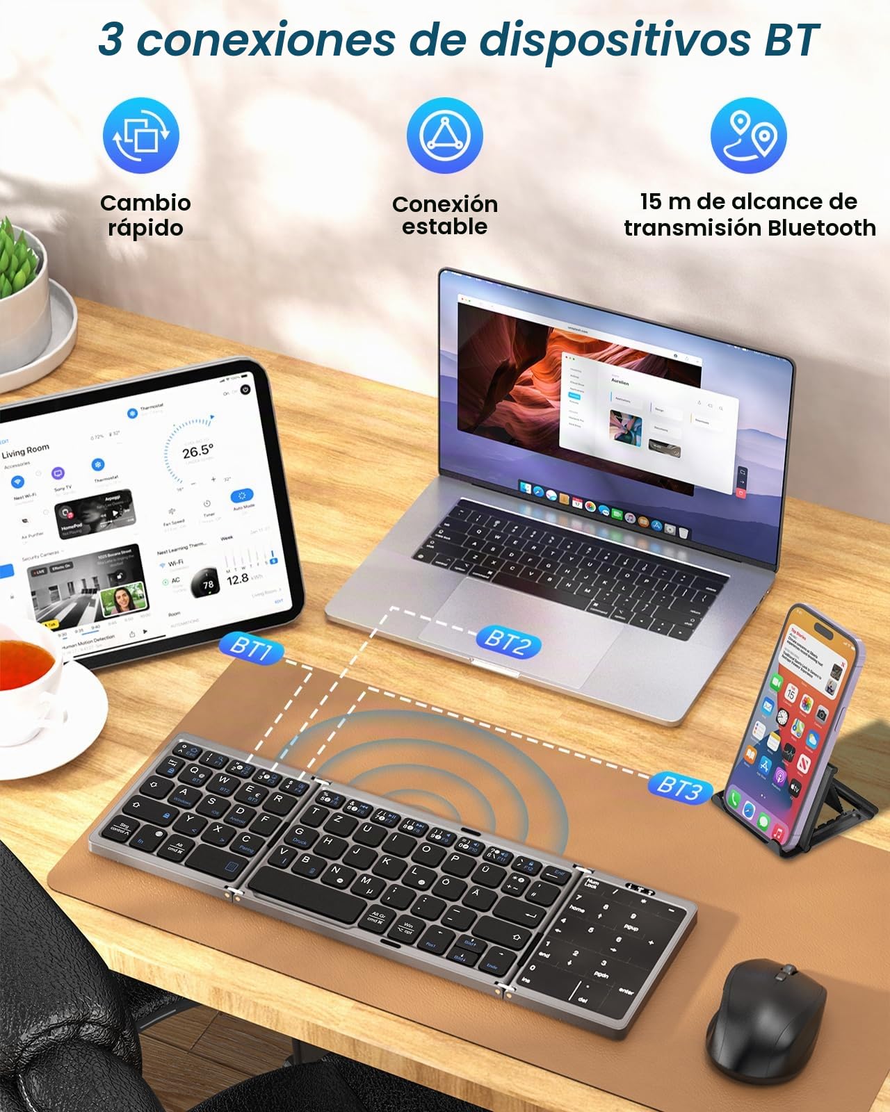 MoKo Teclado Bluetooth Plegable, Teclado Alemán Portátil Inalámbrico QWERTY | Plegable con Touchpad y Pad Numérico, Teclado Recargable Multi Dispositivo para Windows, iOS, Android Tablet/Teléfono Móvil