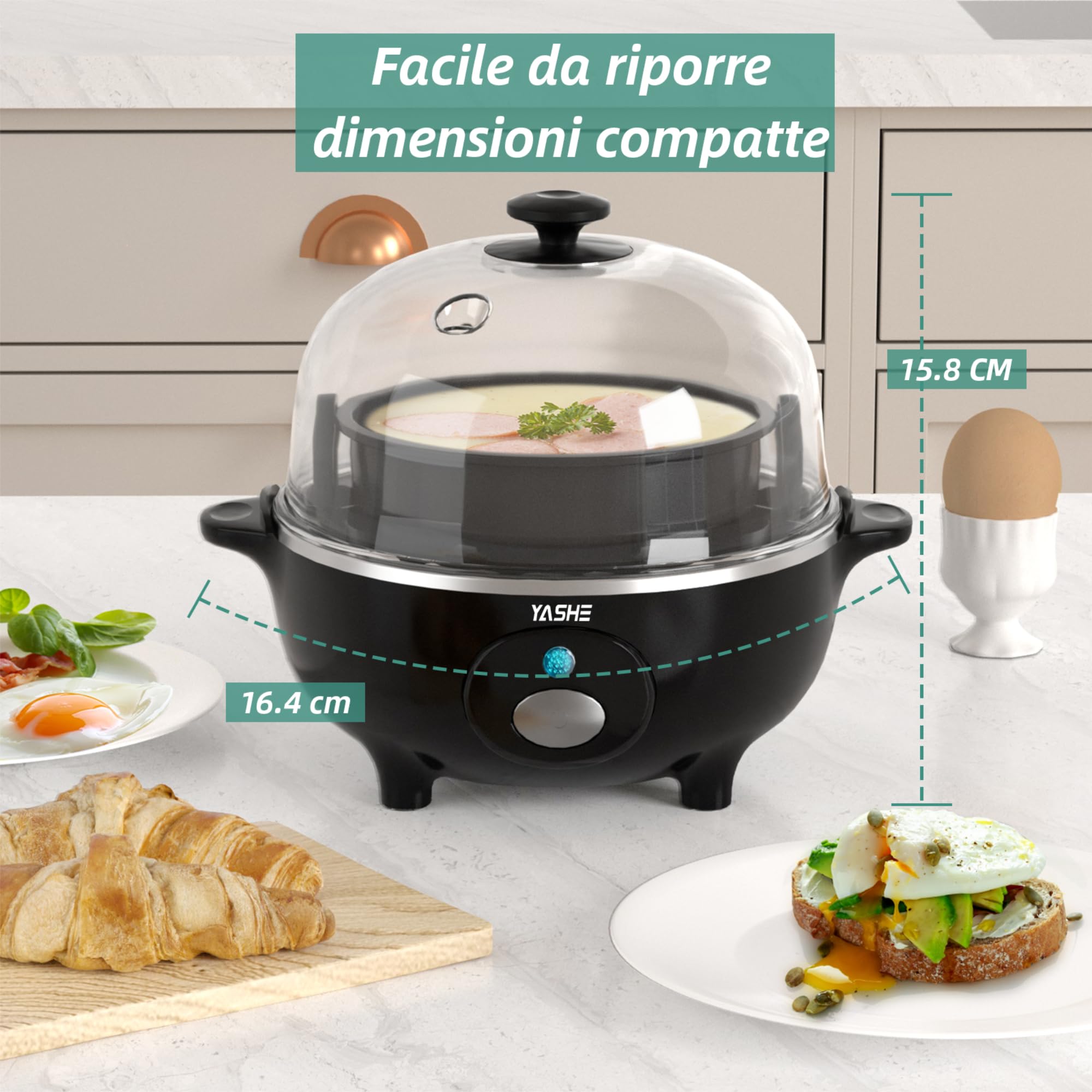 YASHE Cuociuova, 360W Cucina Compatta Multifunzione, 7 Uova facili da sbucciare, morbide, medie, dure, Poacher， Cuiseur vapeur, Segnale Acustico, luce indicatrice, BPA FREE