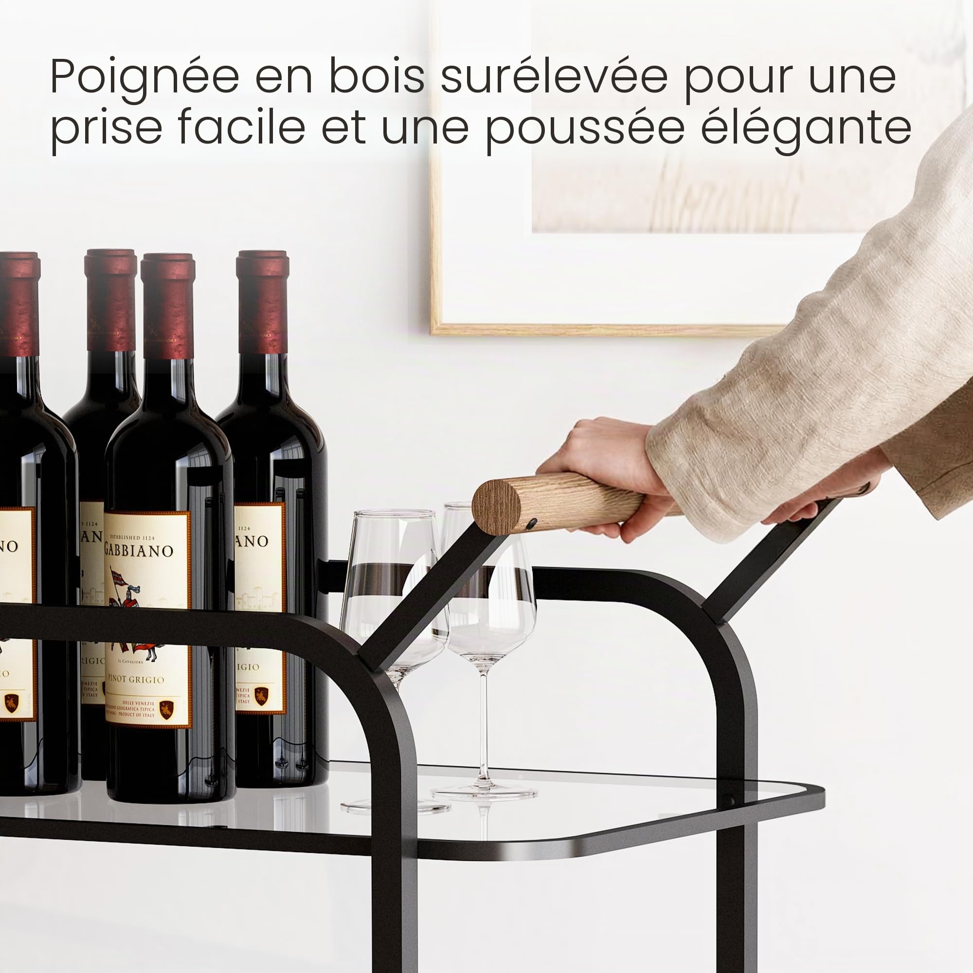 Chariot de Bar 2 Niveaux, Table Roulante pour Boissons avec Plateau en Verre Trempé et Porte-Bouteilles, Bar Roulant avec Roues Freinables, Chariot de Rangement pour Cuisine, Salon, Noir