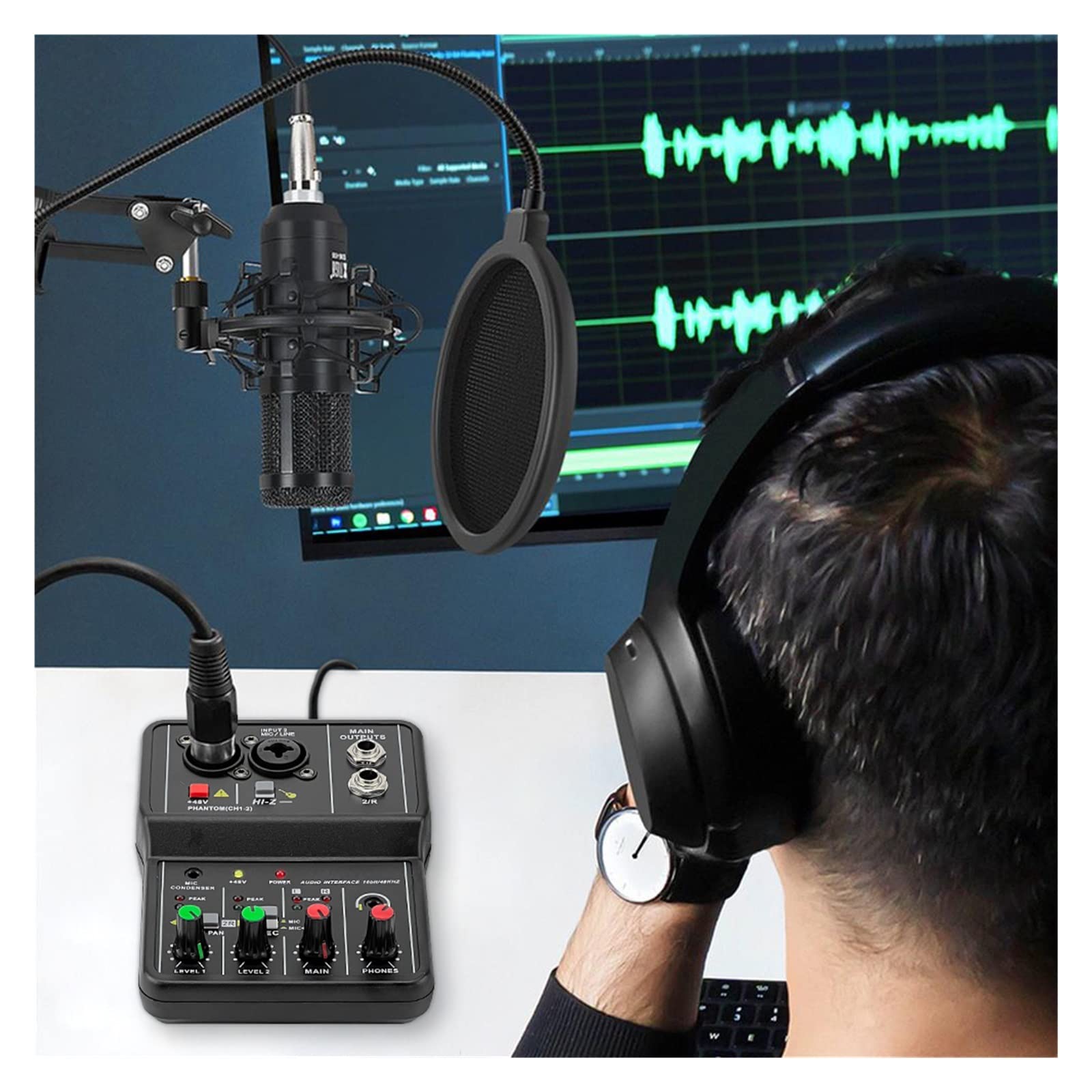 Tarjeta de Sonido de Interfaz con Consola mezcladora de Monitor for grabación de Estudio, Ordenador de Canto, PC, alimentación Fantasma de 48V
