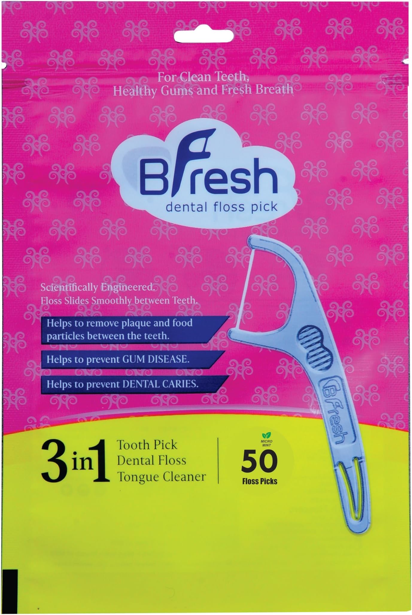BFresh Flossers 3 in 1 Dental Floss Picks 50 Pcs Mint flavored flosser with tongue cleaner and toothpick for fresh breath and healthy gums