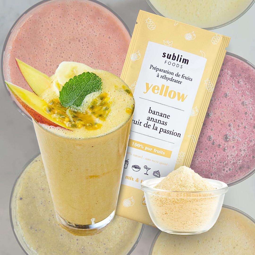 Sublim Food Smoothie YELLOW Polvere liofilizzata Banana Mango Passione - Confezione 10 bustine 20 g (200 g) frullato ghiacciato pronto in un minuto vegano senza zuccheri aggiunti