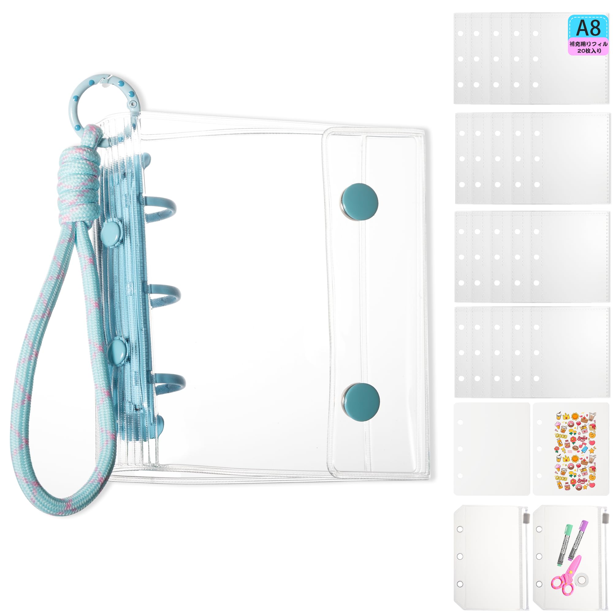 gomura シール帳 透明 女の子 A8サイズ シールバインダー はがせる バインダー シール帳 台紙 かわいい シール収納 編み込みキーホルダー付き リフィル×20枚 チャック付きボケット×2枚 下敷き×2枚 (スカイブルー, A8)