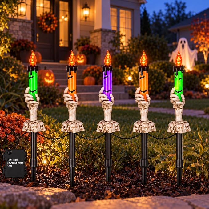 Halloween Decorations Outdoor Skeleton Hand Pathway Lights, 5 Pack Battery Operated LED Candle Stake Lights with Auto Timer & Flashing Mode, Skull Garden Markers for Yard Walkway Graveyard Party Decor