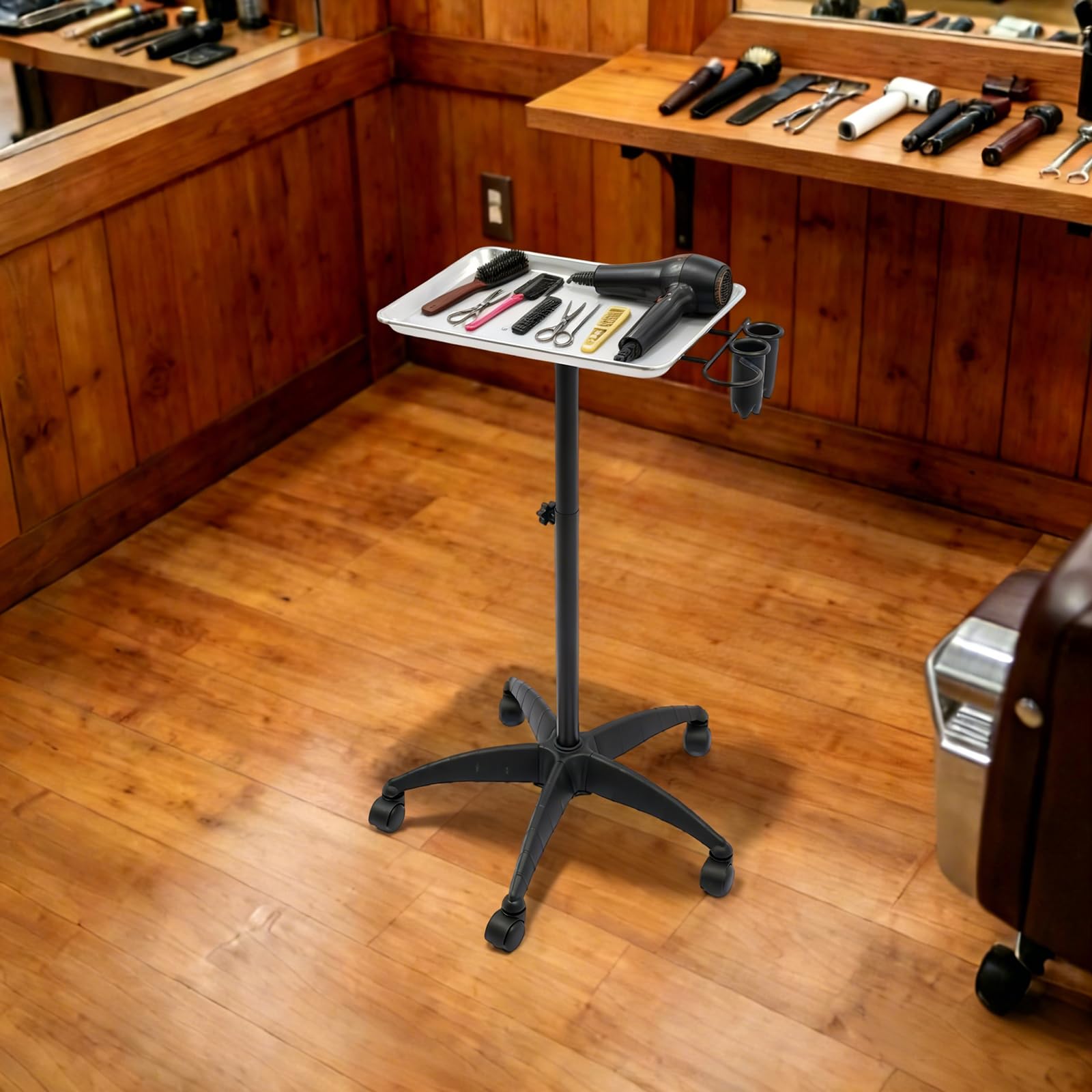 Carrello parrucchiere regolabile, estetista con vassoio e portautensili | Struttura in alluminio e ferro, vassoio 45x33cm con portautensili laterale, rotazione 360°, 5 ruote, per saloni e barbierie