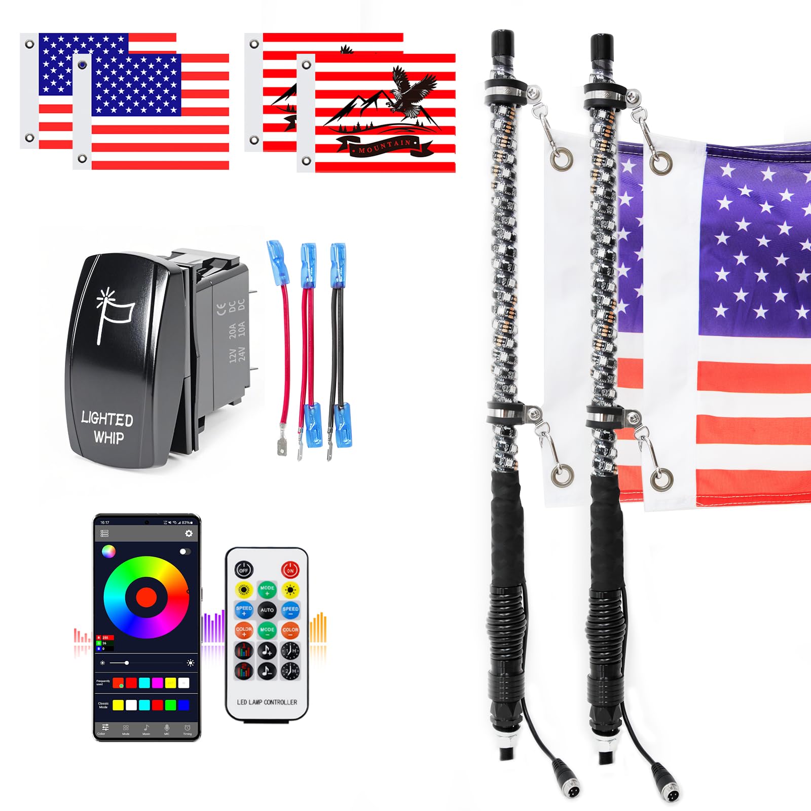 UNI-SHINE 2PCS 2FT LED Whip Lights with RGB Chasing Lights with APP &amp; Remote Control, Music Antenna Whip Light for Can-Am UTV ATV RZR Can-Am SXS Polaris Offroad Truck