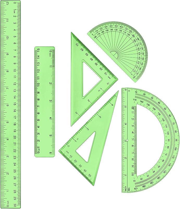 Tenare Juego de Reglas de Geometría Matemática de 6 Piezas, Escuela de Triángulo Transportador, Verde | Herramientas geométricas de plástico transparente para dibujo de niños, incluye transportadores, triángulos, borde recto, juego de dibujo para clase de matemáticas en casa