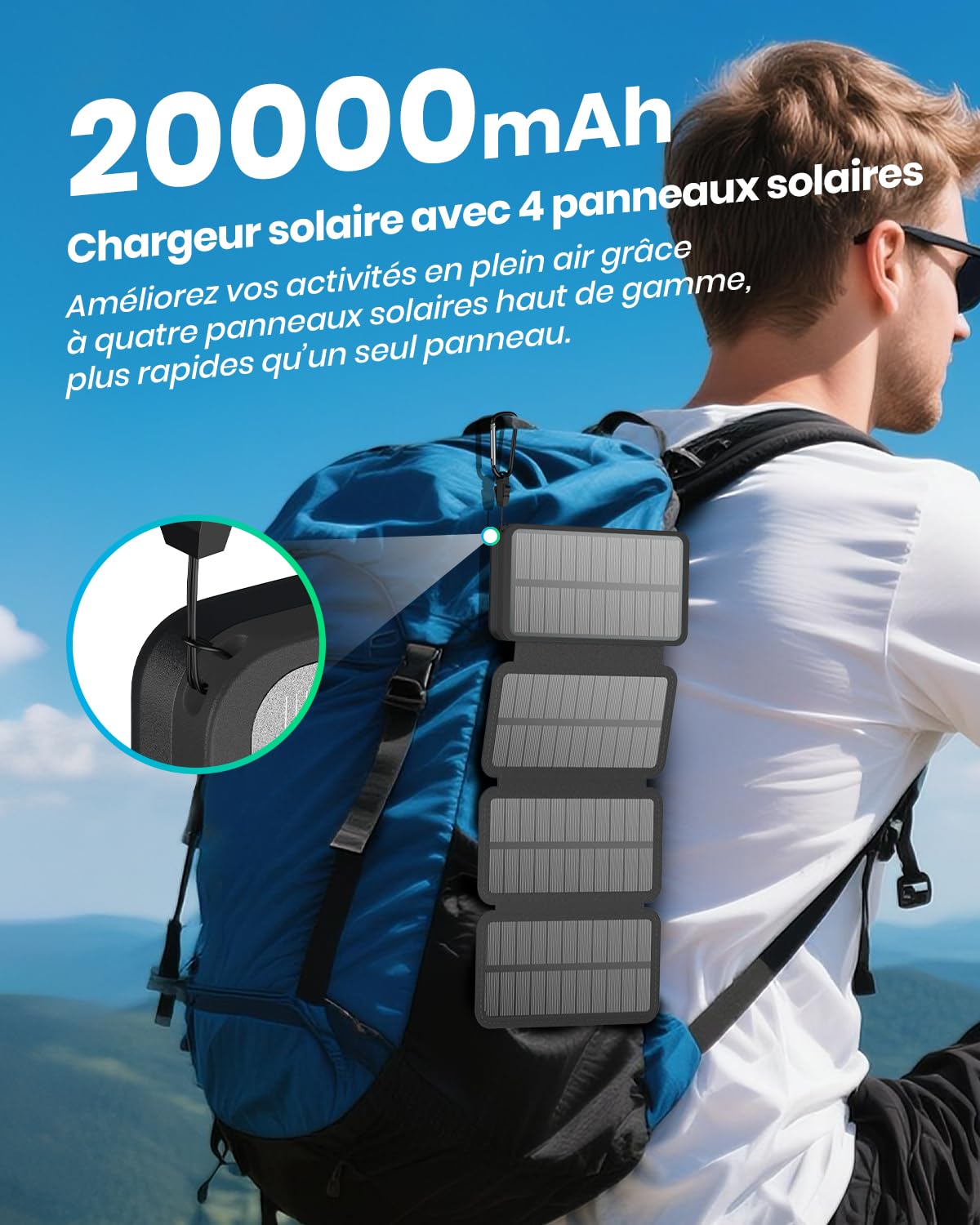 A ADDTOP Chargeur Solaire 20000mAh - Powerbank Solaire Charge Rapide 3 Sorties avec 4 Panneaux solaires Pliables Chargeur Portable pour téléphones iPhone 17 16 15 14 13 12, tablettes Noir