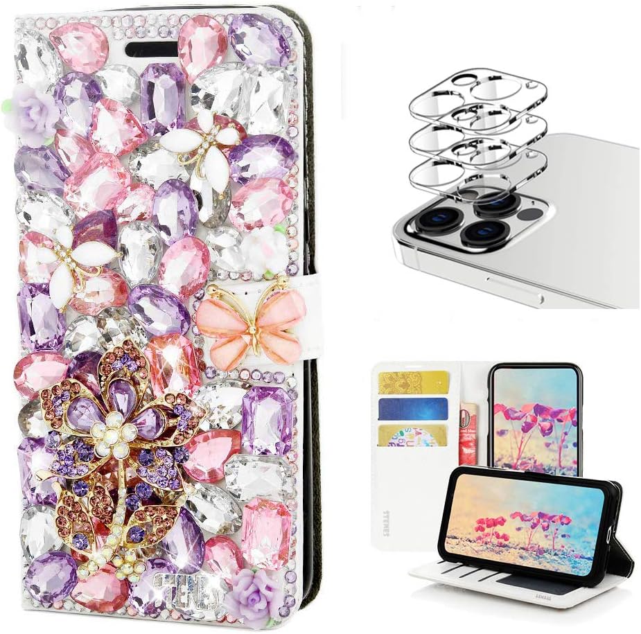 STENES Bling Wallet Phone Case Compatible with iPhone 12 Pro Max Case - Stylish - 3D Handmade Diamond Key Girls Bag Crown Flowers Leather Cover with Camera Lens Protector [3 Pack] - White