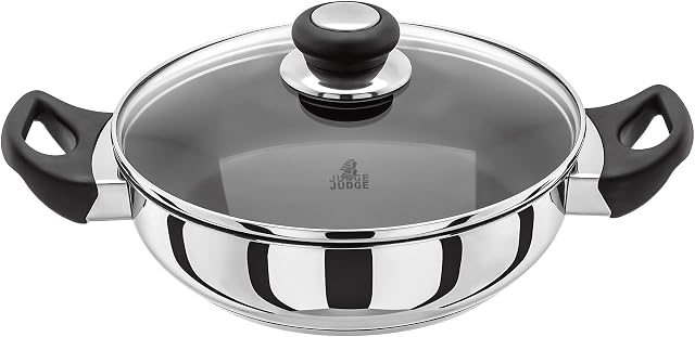 Judge Vista J231A Stainless Steel Non-Stick Sauteuse 24cm Frying Pan with Shatterproof Glass Lid, Induction Ready, Oven Safe, 25 Year Guarantee