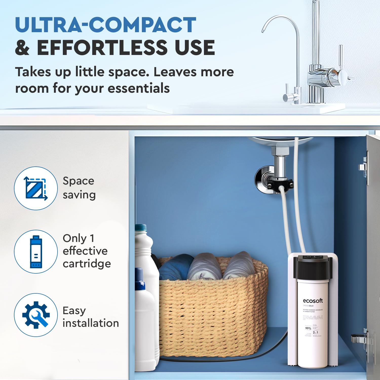 Ecosoft CROSS Solo Filtro de Ósmosis Inversa de Flujo Directo, 1.3 L/min, Filtración 2-en-1 con Membrana RO de 500 GPD y Postfiltro de Carbón, Diseño Ultra-Compacto para Cocinas Pequeñas