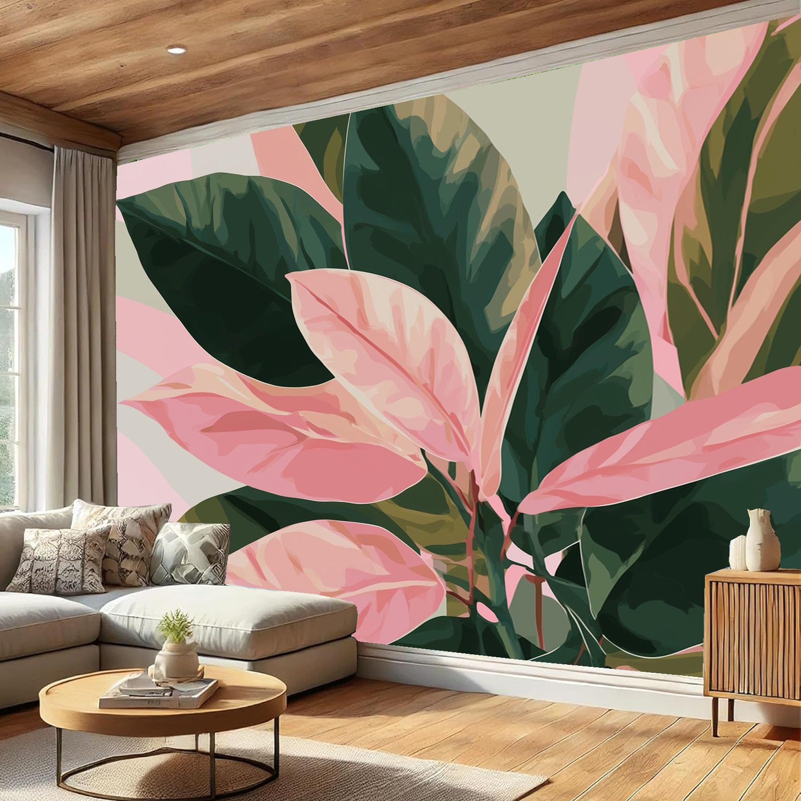 Papier Peint Motif Feuilles De Bananier Aquarelle Tapisserie Panoramique Grand 3D Plantes Exotiques Poudre Blush Papier Peint Soie Pour Salon Chambre Chambre D'Enfant Décoration Murale, 300X210Cm