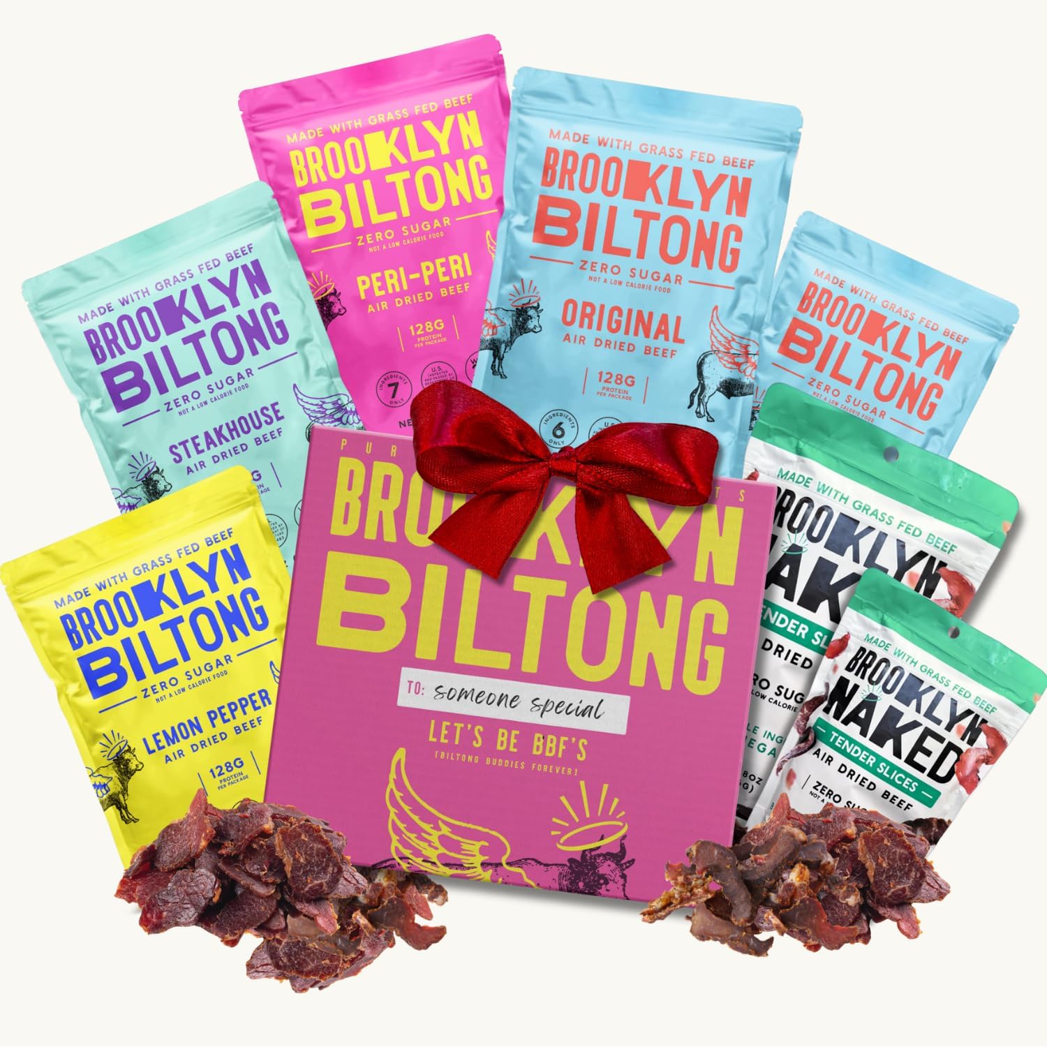 Brooklyn Biltong Beef Jerky Gift for Men (Biltong Gift Box Pack of 7) – Premium Air-Dried Grass-Fed Healthy Beef, High Protein Keto & Gluten-Free Snacks, Whole30 Biltong Box, Made in USA