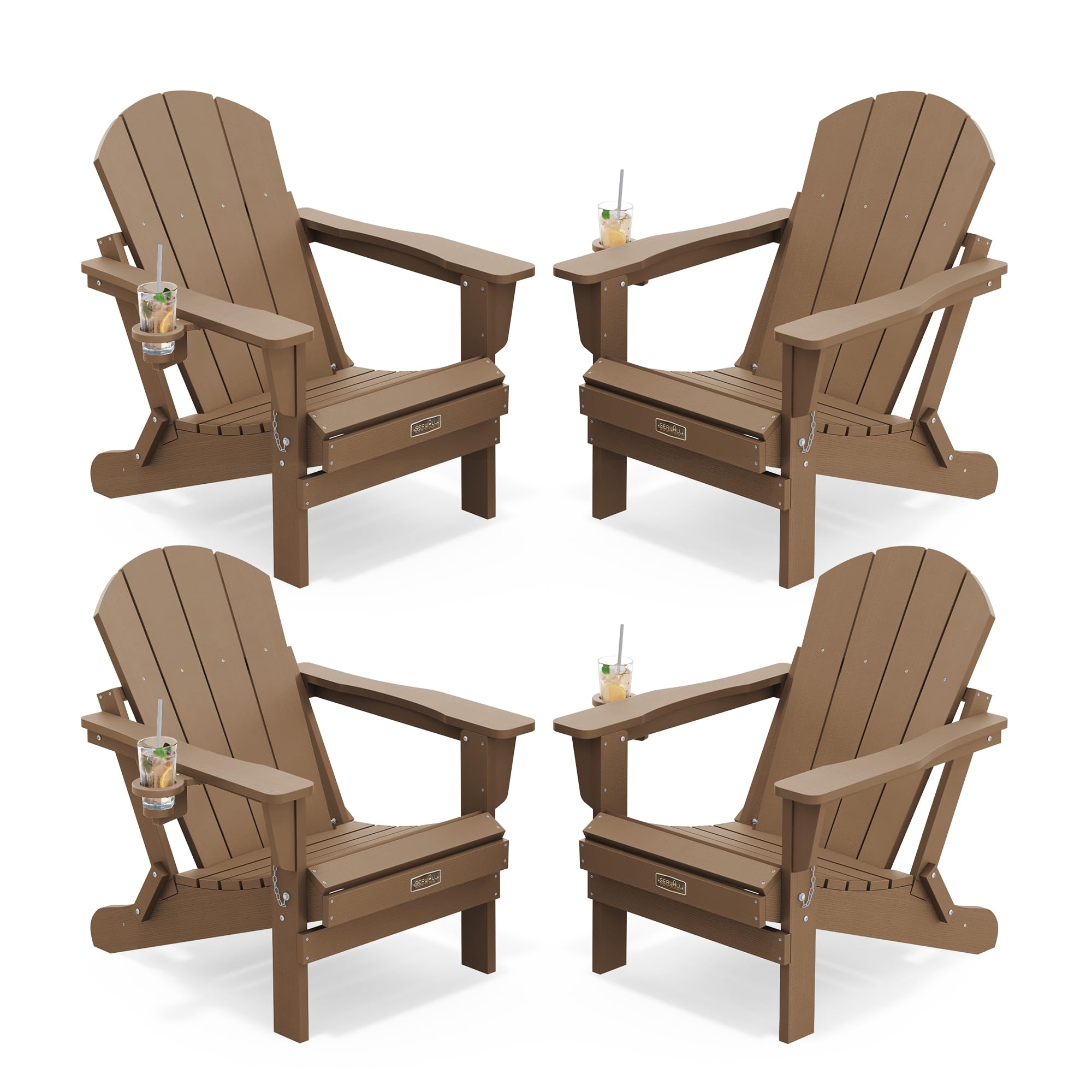 SERWALL Folding Adirondack Chair Set of 4 Patio Chair with Cup Holder-Brown