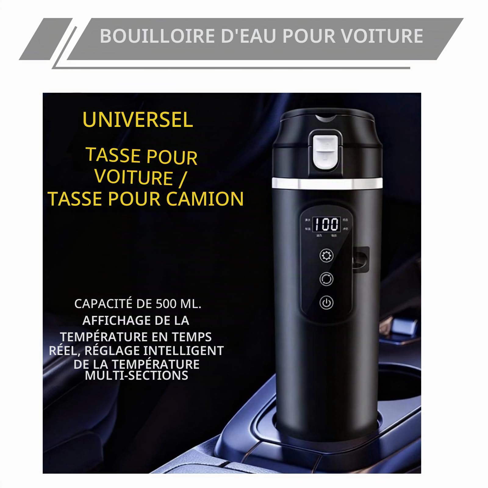 Bouilloire électrique de voyage pour voiture, 500 ml, CC 12 V/24 V, avec écran LCD, réglage de la température variable jusqu'à 100 °C, revêtement en acier inoxydable 304, avec allume-cigare et filtre