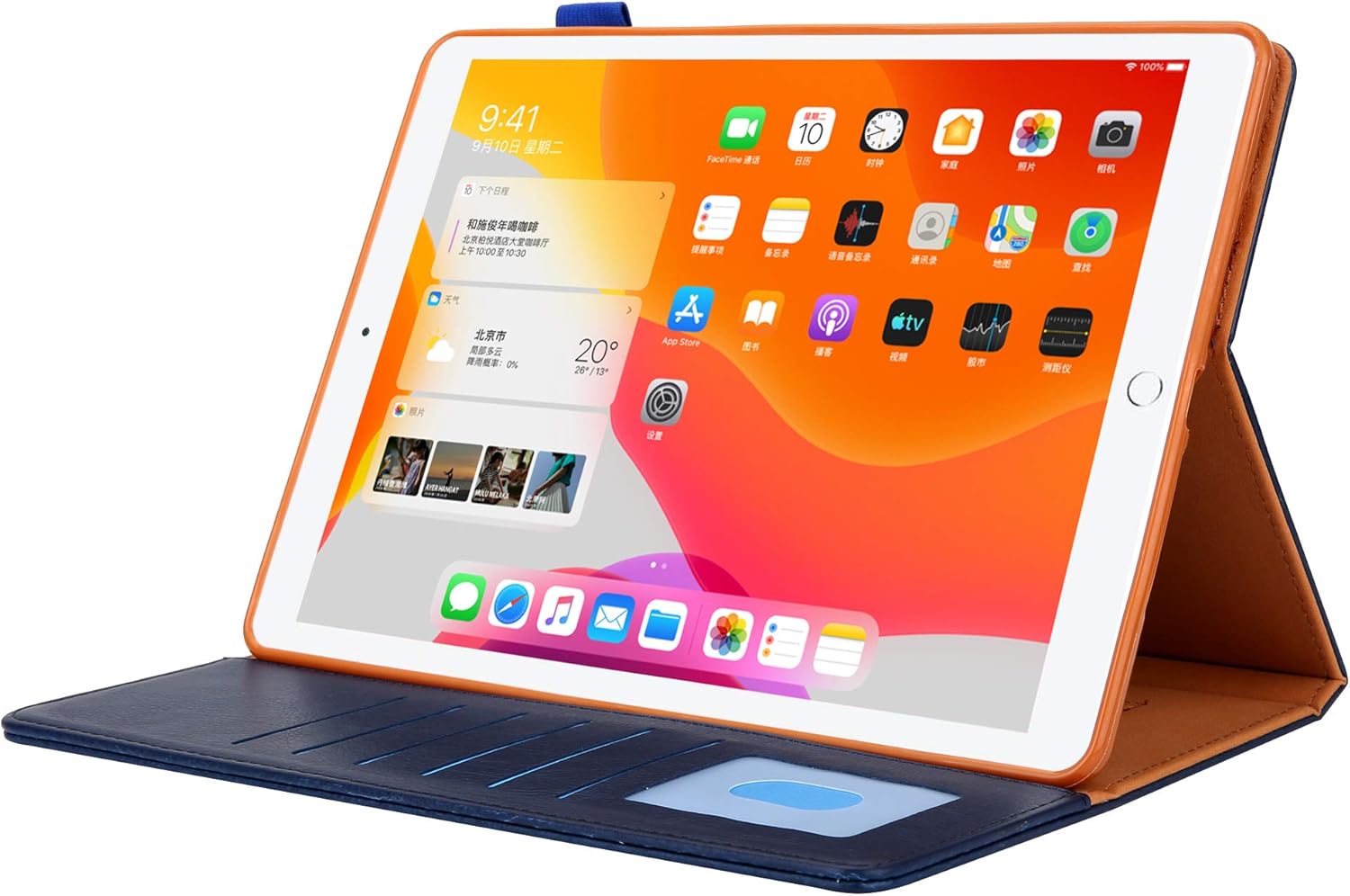 Folio Stand Case for iPad 10.2"/Air 10.5"/Pro 10.5" with Hand Strap, Techcircle PU Leather Smart Flip Protective Wallet Cover with Card Slots, Support Wake/Sleep, Navy