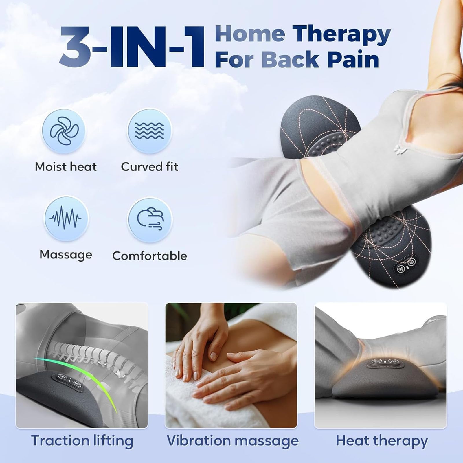 Massaggiatore 3 in 1 per la Schiena, con Calore, Trazione e Vibrazione 3 In 1 for Alleviare la Sciatica e Il Dolore Lombare, Supporto Lombare Ergonomico (Grigio scuro)