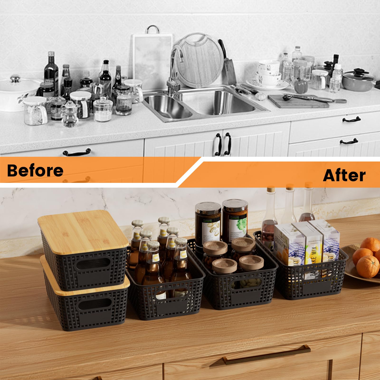 6er-Set Aufbewahrungsbox mit Bambus Deckel, 5L Aufbewahrungskorb, Kunststoff Korb Aufbewahrung, Küchen Aufbewahrungsboxen für Regale, Schränke, Schränke und Zuhause (Schwarz)