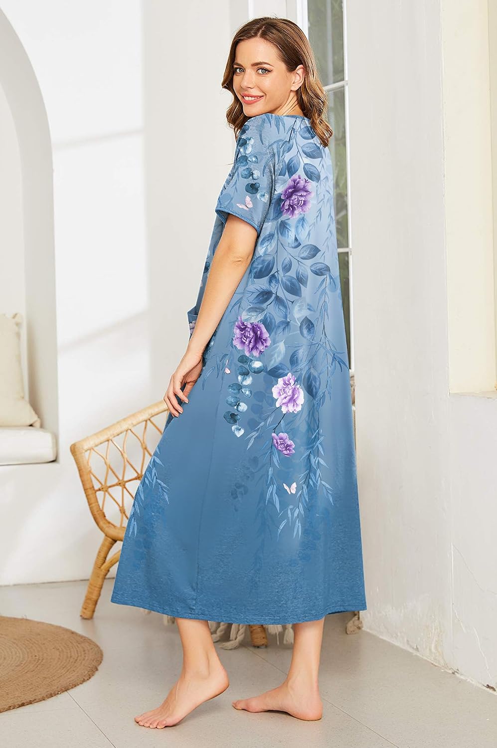 Ekouaer Women Robes Zipper Front Short Sleeve Full Length Housecoat with Pockets Loungewear S-4XL