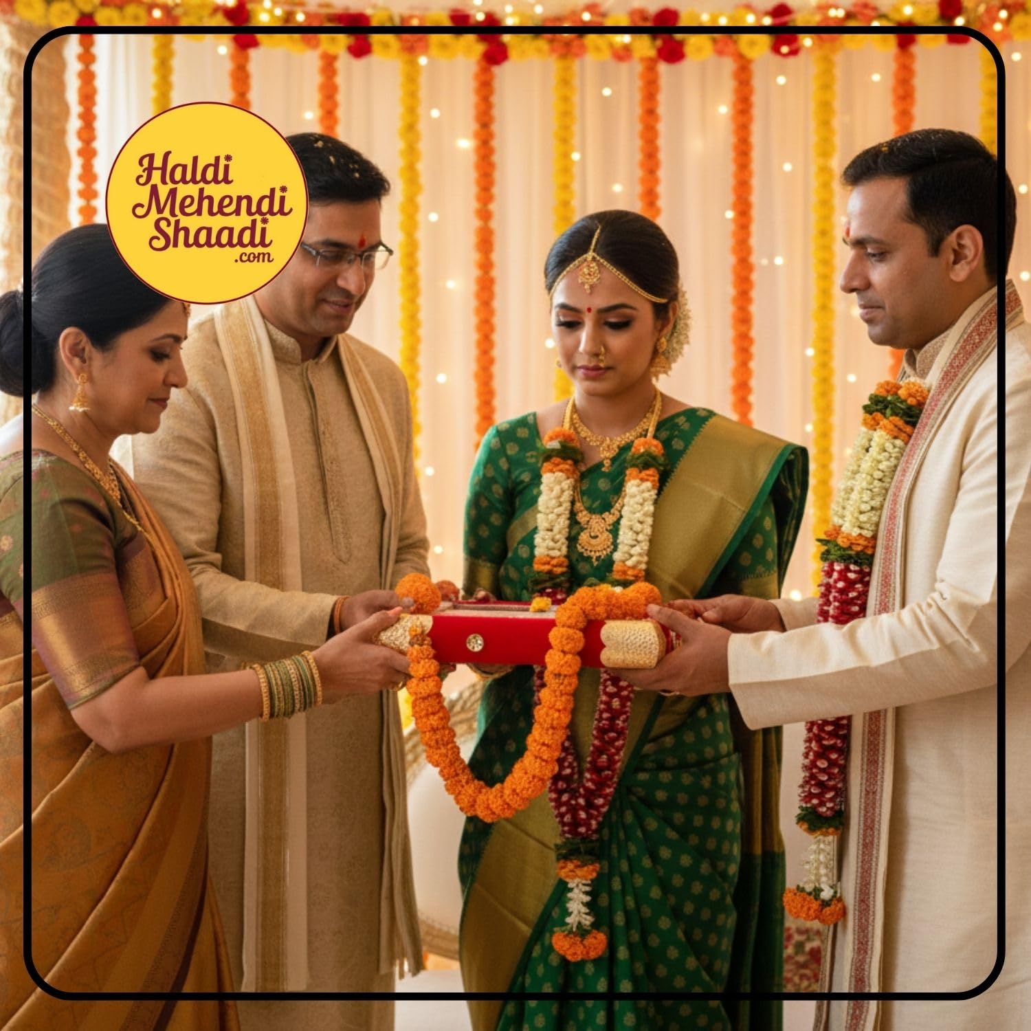 HALDI MEHENDI SHAADI Red Velvet Wedding Invitation Box with Gold Brass Frame, Ganesh Design, 12x6 Inch, Traditional Marriage Patrika with Tassel 4