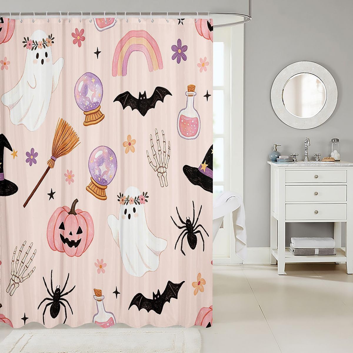 Feelyou Halloween Shower Curtain for Bathroom Decor Pumpkin Bath Curtain for Stalls Bathtubs Cute Ghosts Bathroom Accessories Witchcraft Waterproof Polyester Fabric Baby Pink with 12 Hooks 72"x78" image 2