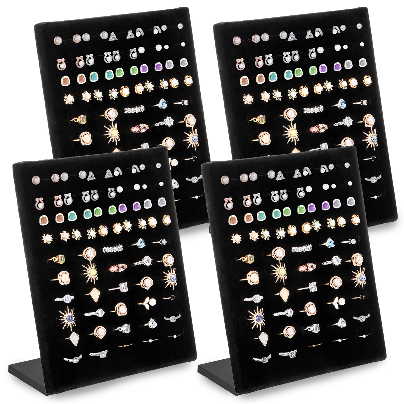 Hiceeden 4 Pack Velvet Ring Display Stand, 50 Slots Ring Organizer Jewelry Display Tray, L-Shaped Ring Holder Display for Selling Earrings Rings, Black