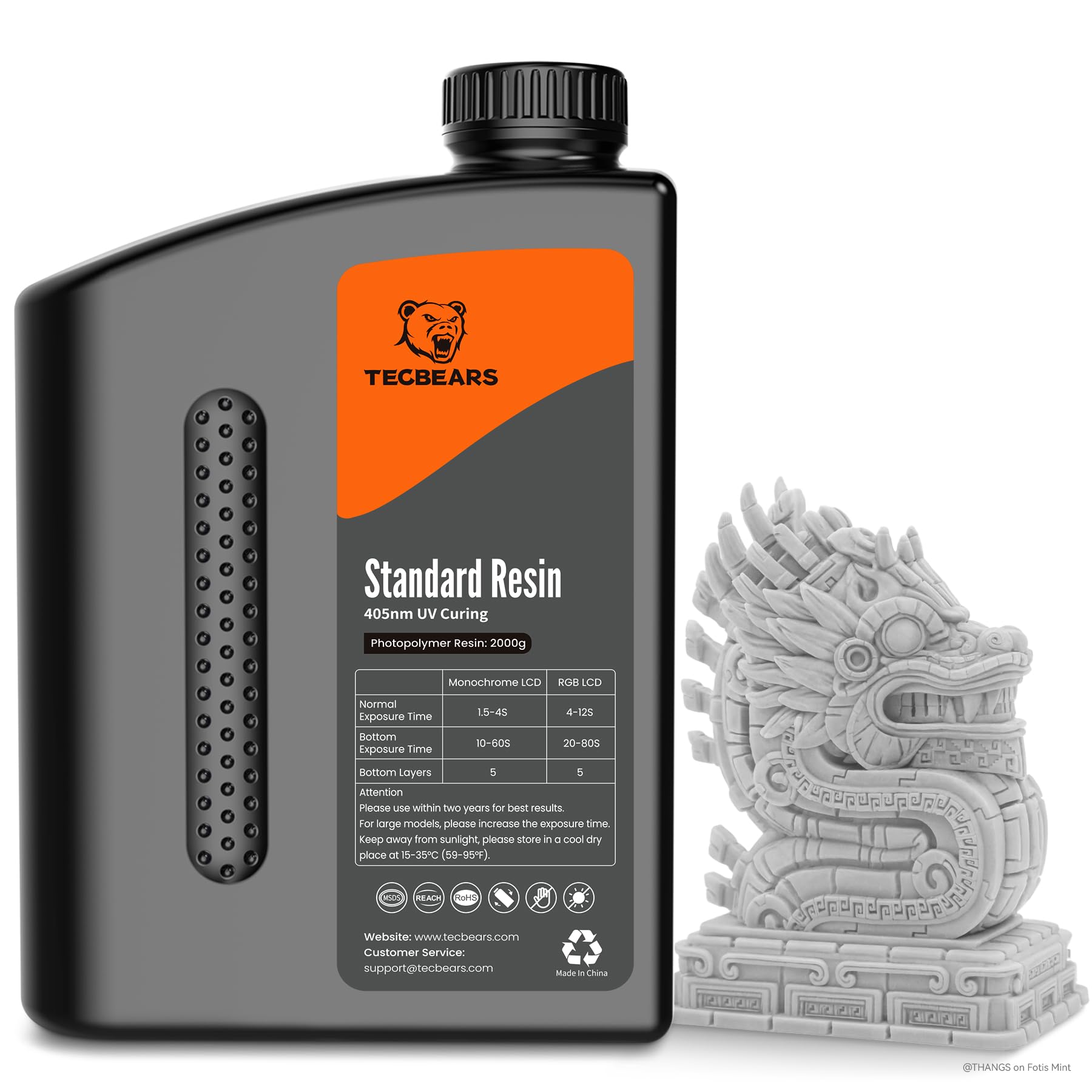 TECBEARS Resine Standard Stampante 3D Grigio 2KG, Alta Precisione, Eccellente Fluidità e Bassa Contrazione Resina UV 405 nm per Stampanti 3D LCD/DLP/SLA