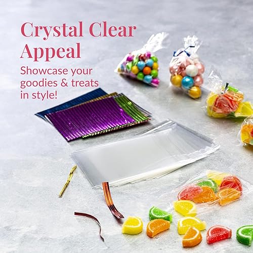 Miniatura 2 de Paquete de 200 bolsas de celofán de plástico transparente 3 x 4 con lazos giratorios de 4 pulgadas, bolsas de dulces, bolsas de galletas, bolsas de