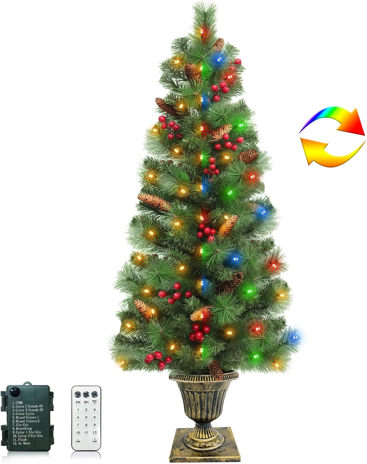 4 Ft Artificial Potted Outdoor Christmas Tree in Base with Canyon Pine Tips Timer Remote 12 Modes 80 Warm White&Colorful Change Light Pine Cones&Red Berries Battery Operated for Front Door Porch Decor